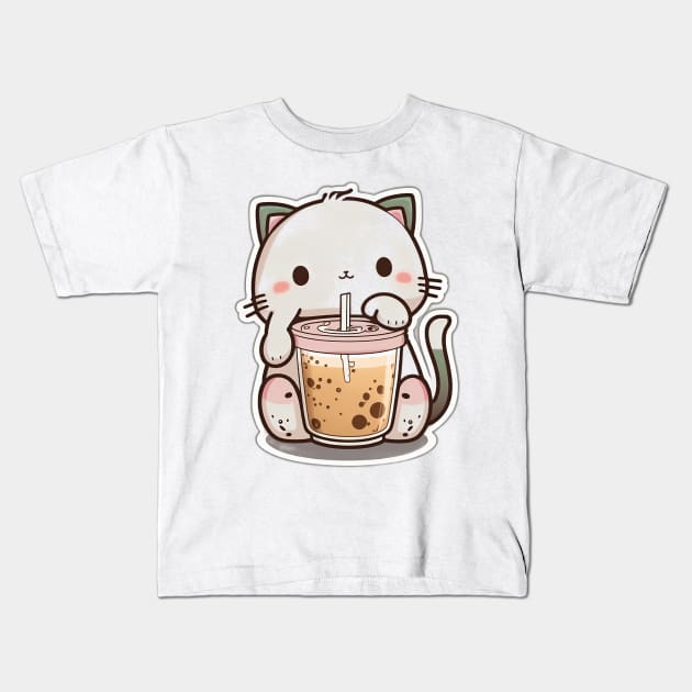 Cute Cat Drinking Bubble Tea Cartoon Boba Drawing Kids T-Shirt by kiddo200